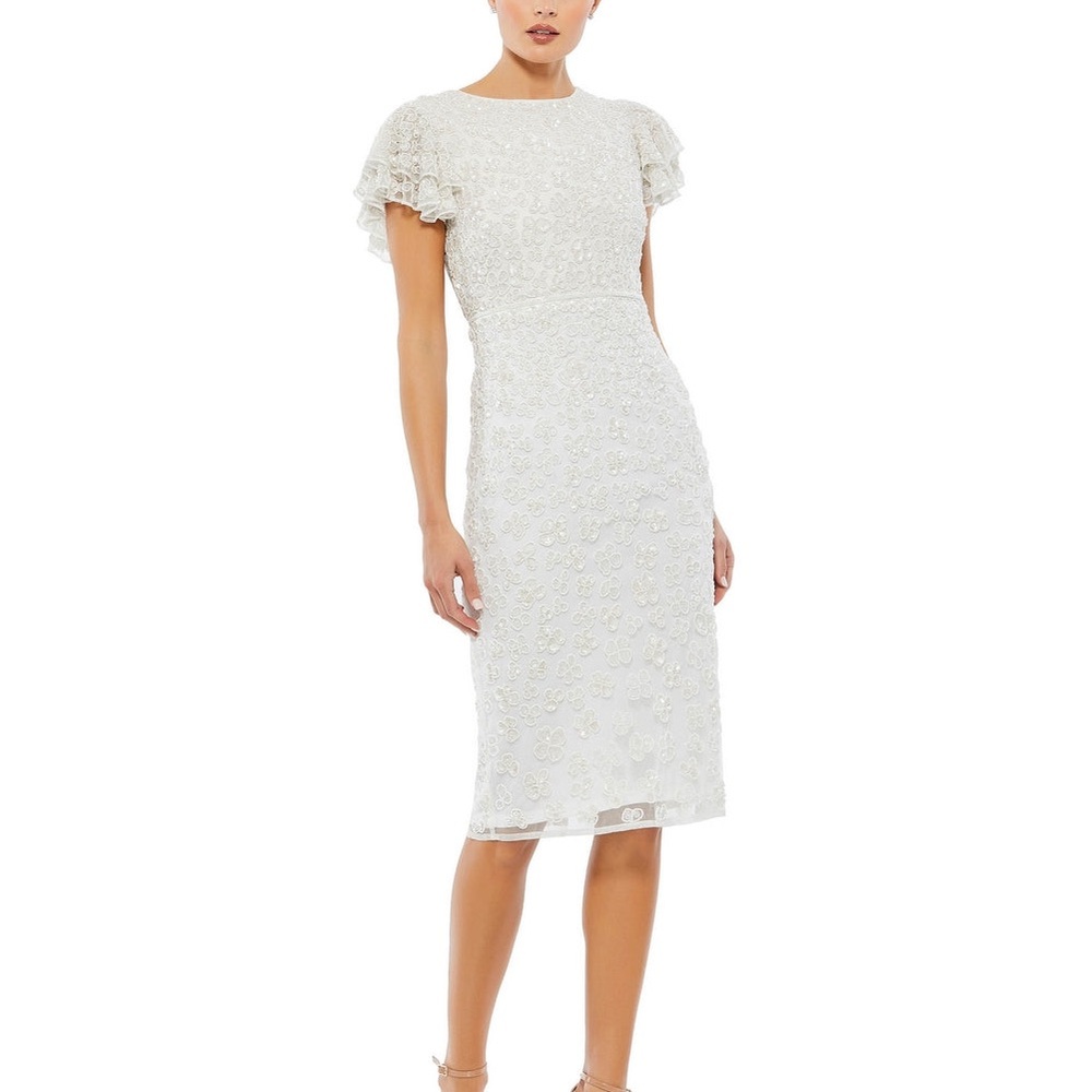Mac Duggal Ivory Embroidered Midi Sheath Dress